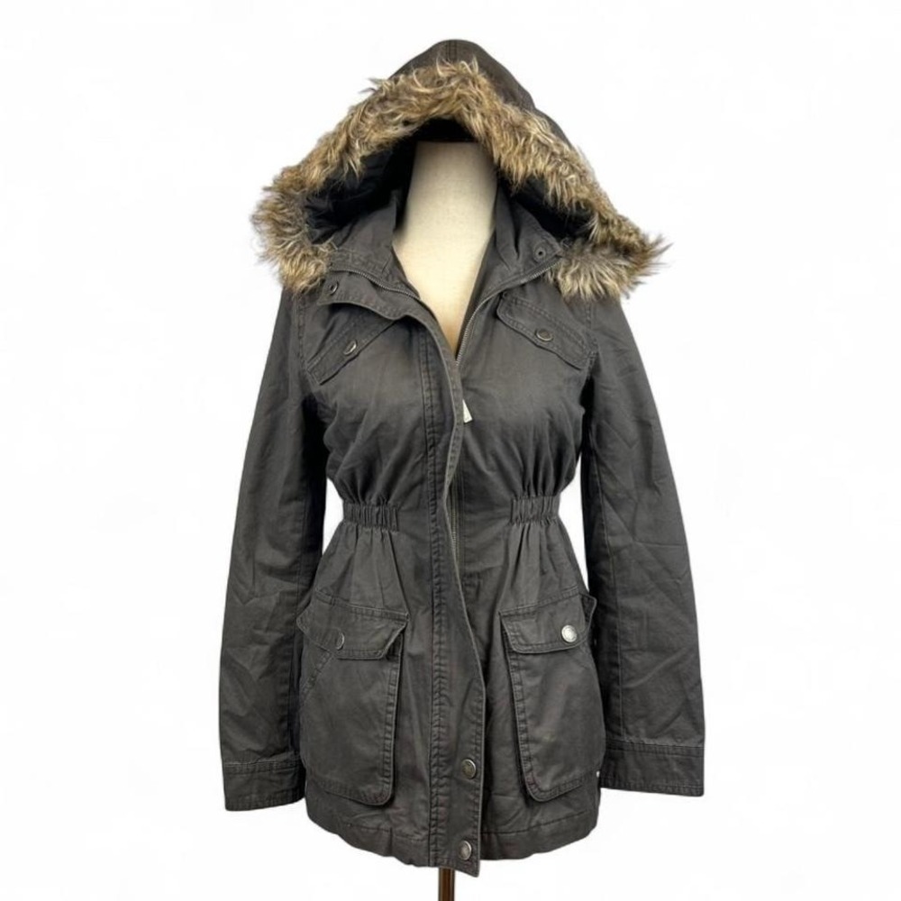 Y2K Grey Fur Hood Jacket Full Zip Buttons L Juniors Grunge Alt Indie Outerwear